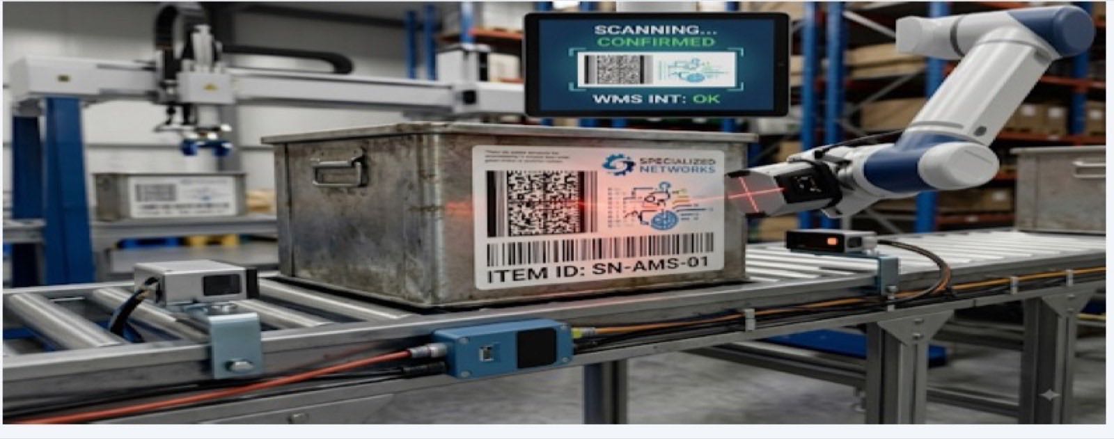 RFID scanning hardware reading a labelled carton on a conveyor line