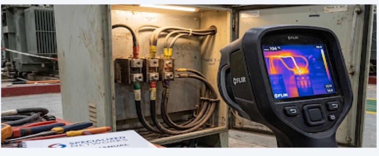 A thermal imaging camera reading temperature across a live electrical panel